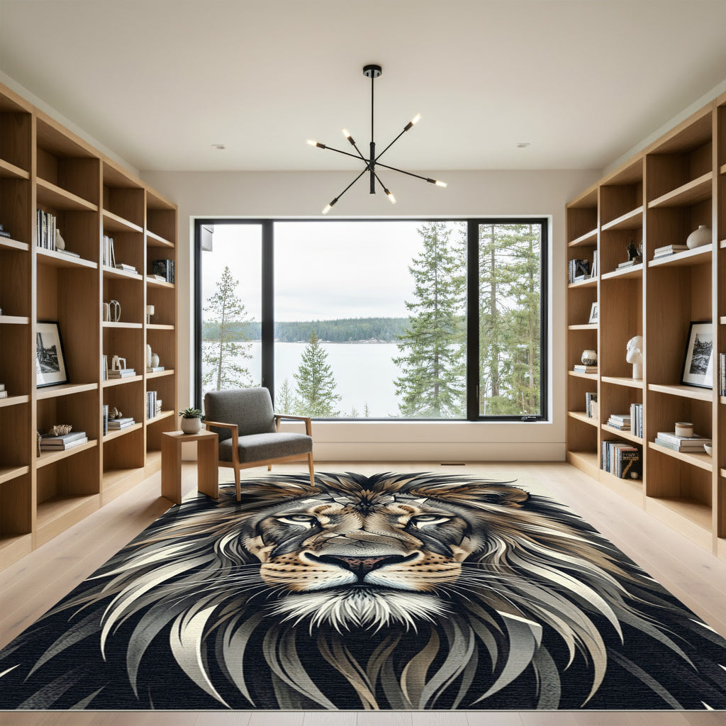 Majestic Charcoal Lion Portrait Illustration Rug