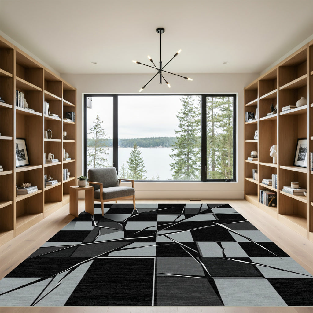Monochrome Shattered Checkerboard Geometric Rug