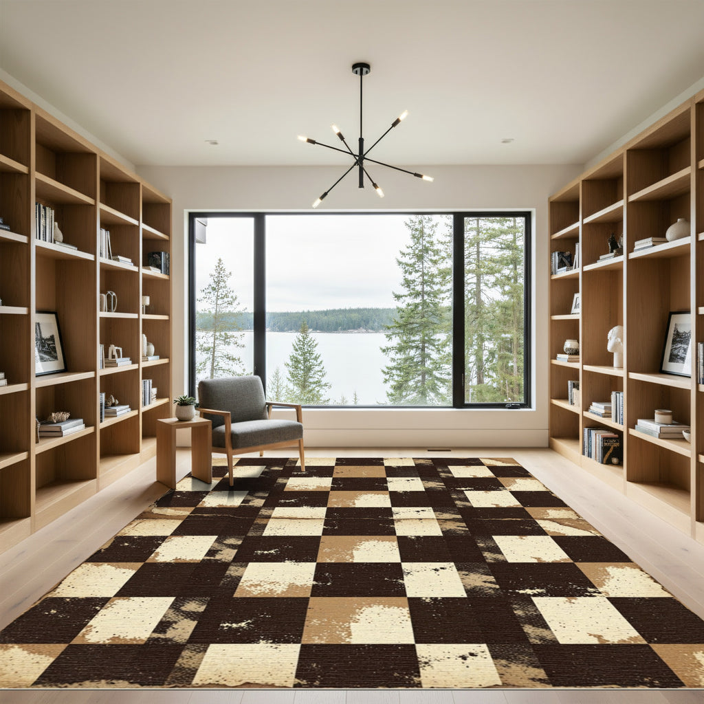 Distressed Earthy Checkered Grid Rug