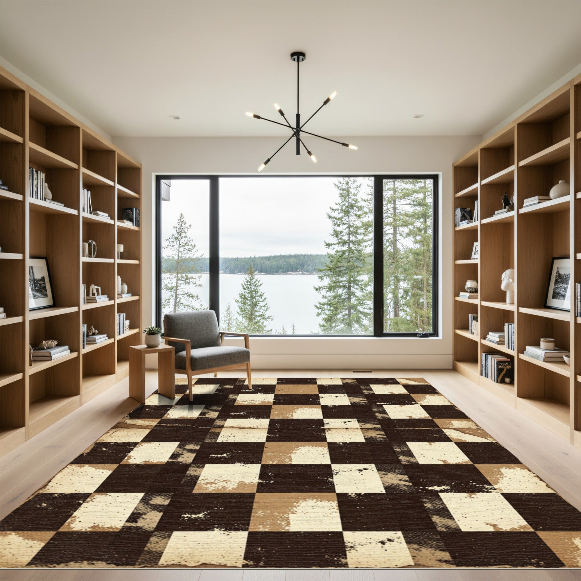 Distressed Earthy Checkered Grid Rug