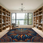 Celestial Golden Sun Mandala Navy Area Rug