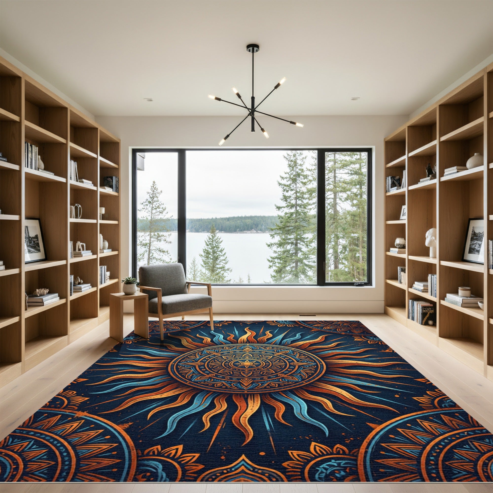 Celestial Golden Sun Mandala Navy Area Rug