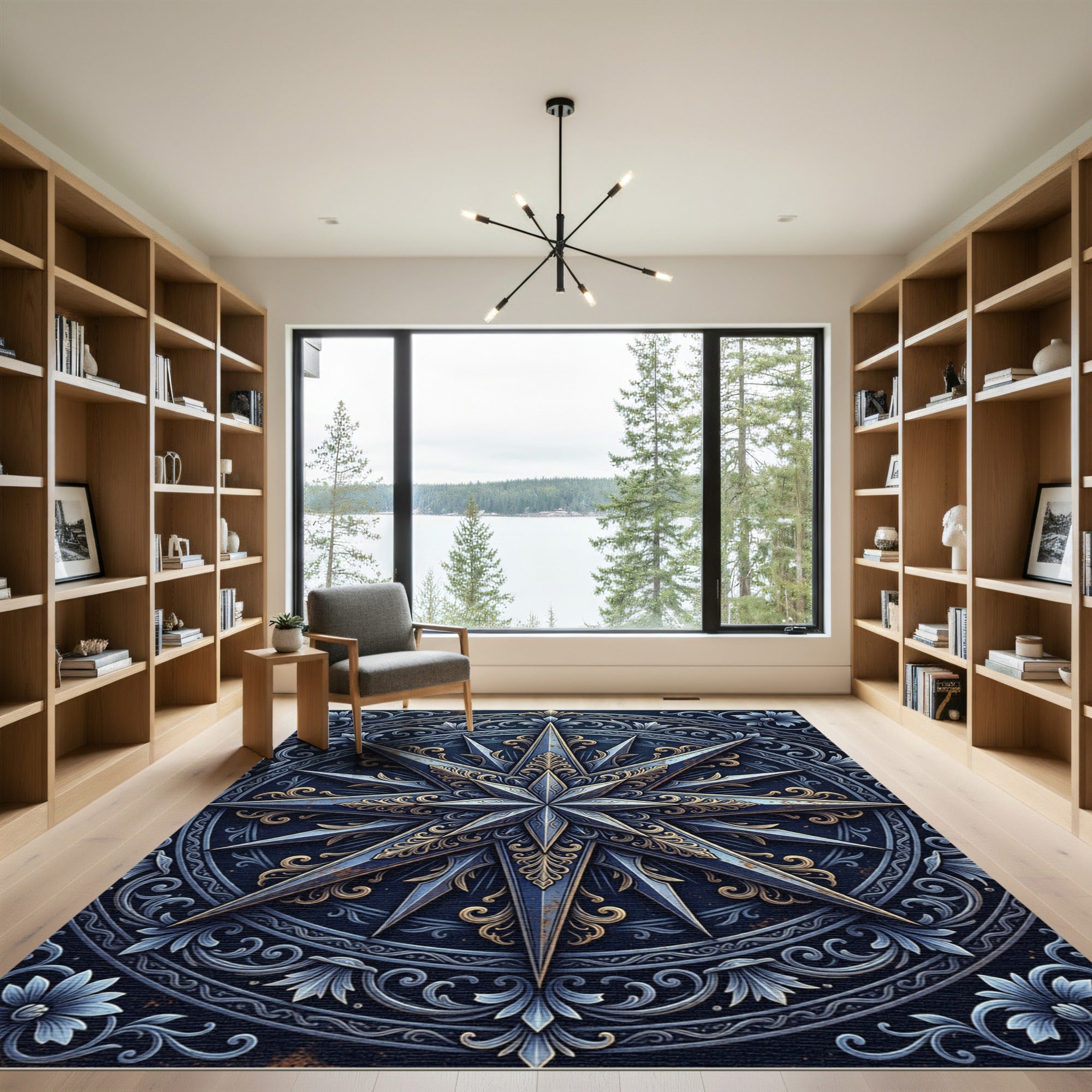 Ornate Starburst Medallion Navy Gold Rug