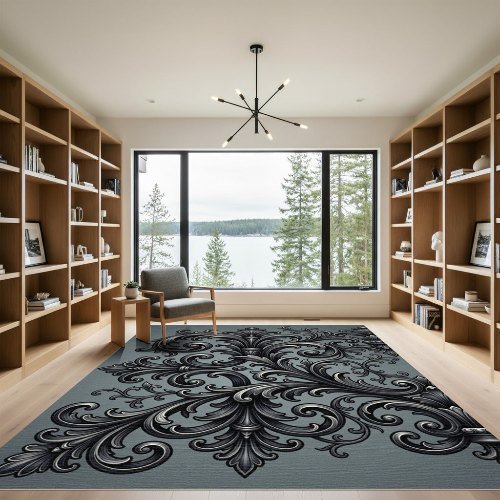 Elegant Charcoal Acanthus Scroll Flourish Rug