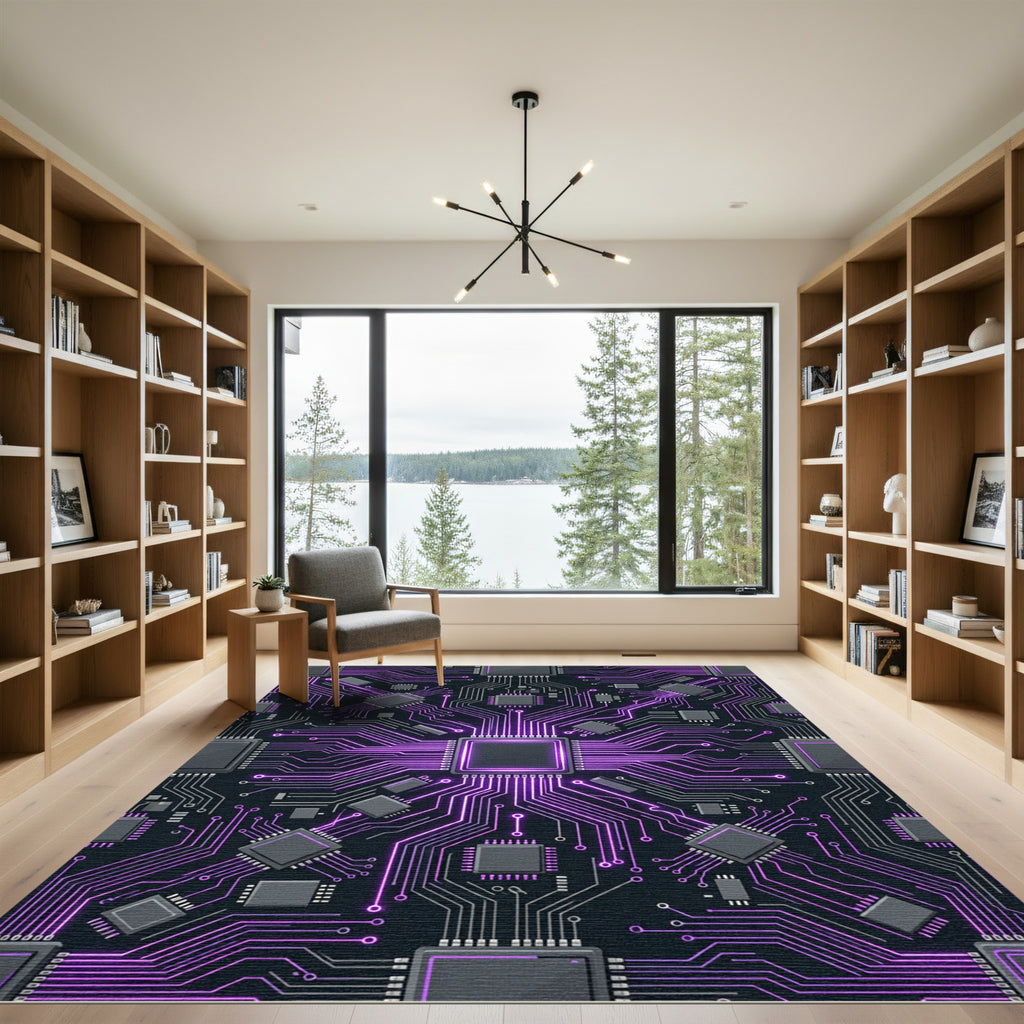 Cyber Circuit Neon Violet Tech Grid Rug