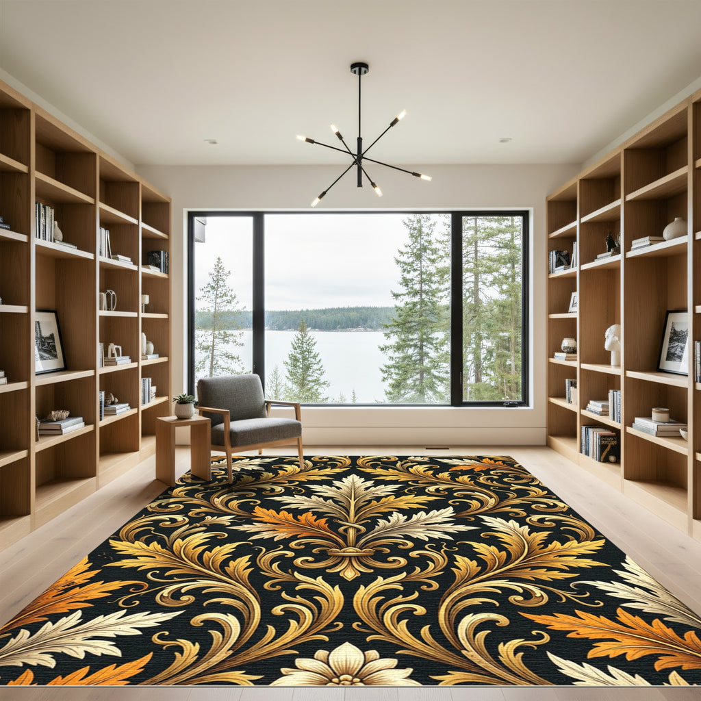 Elegant Gold Acanthus Leaf Damask Rug