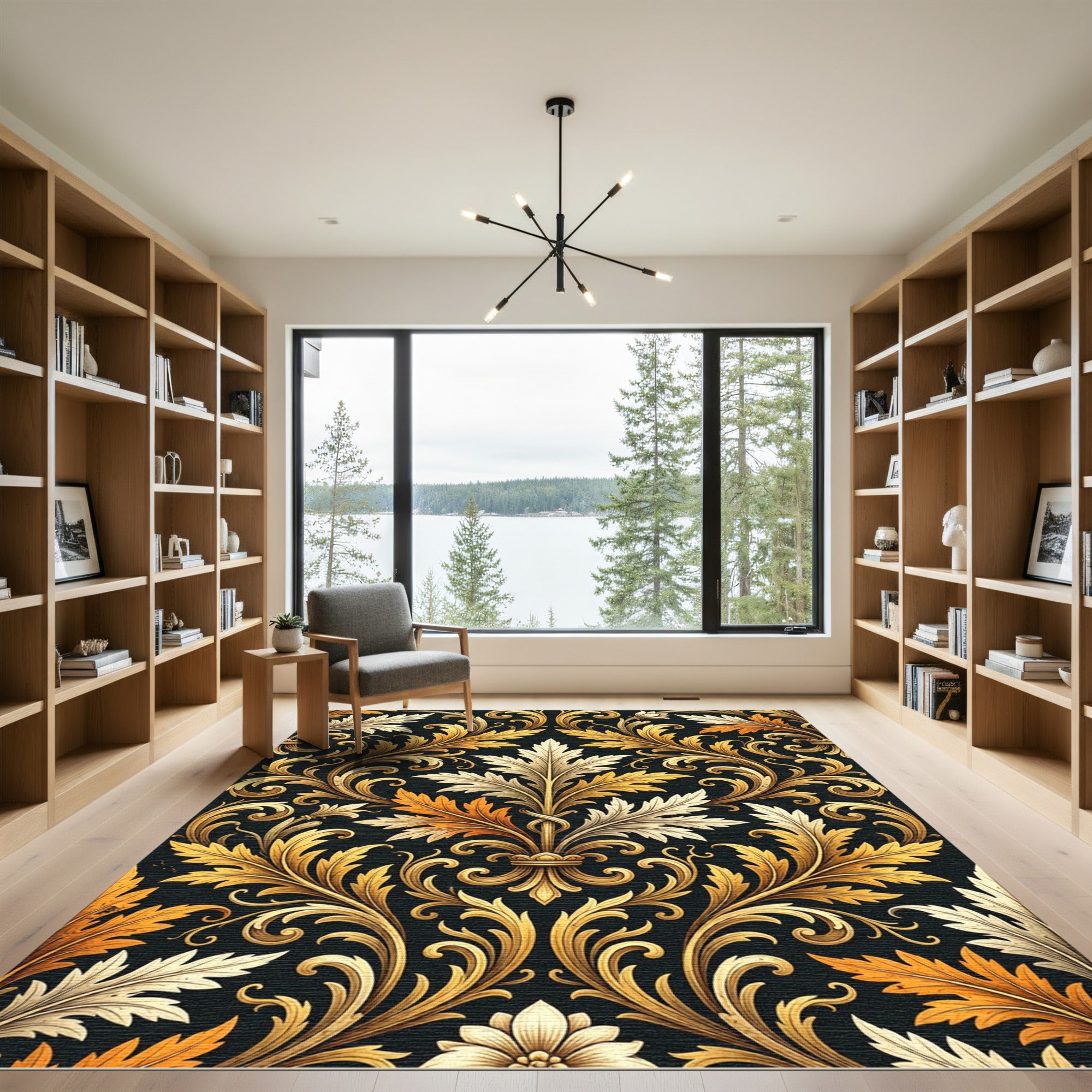 Elegant Gold Acanthus Leaf Damask Rug