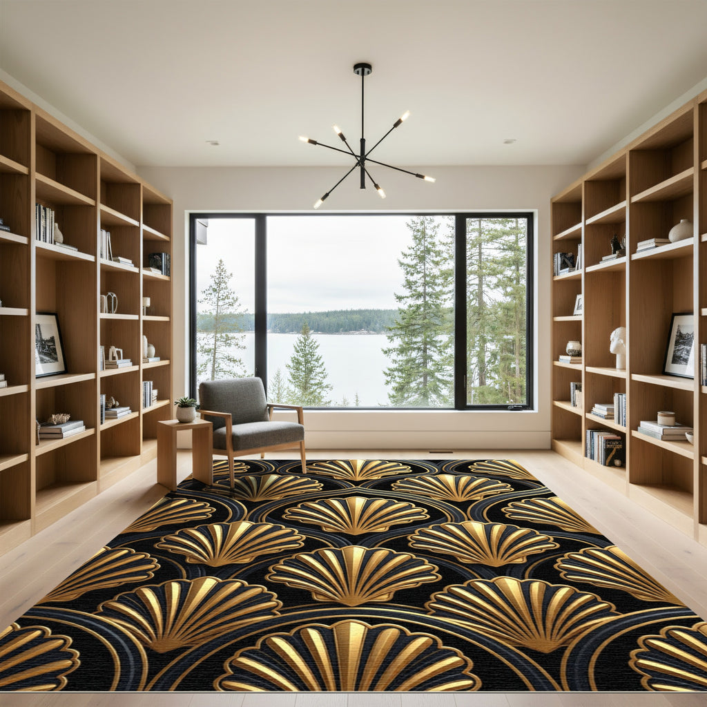 Art Deco Gold Shell Geometric Black Rug