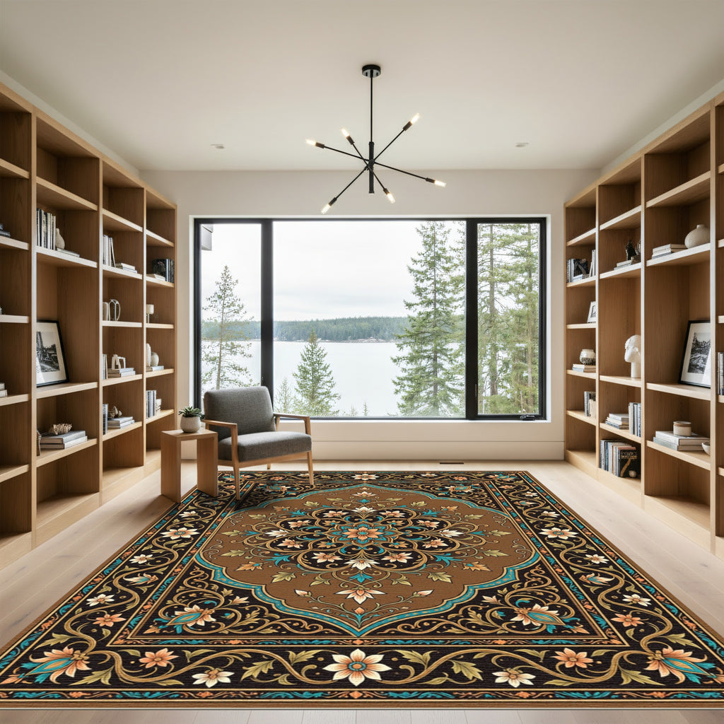 Elegant Bronze Floral Medallion Scroll Rug