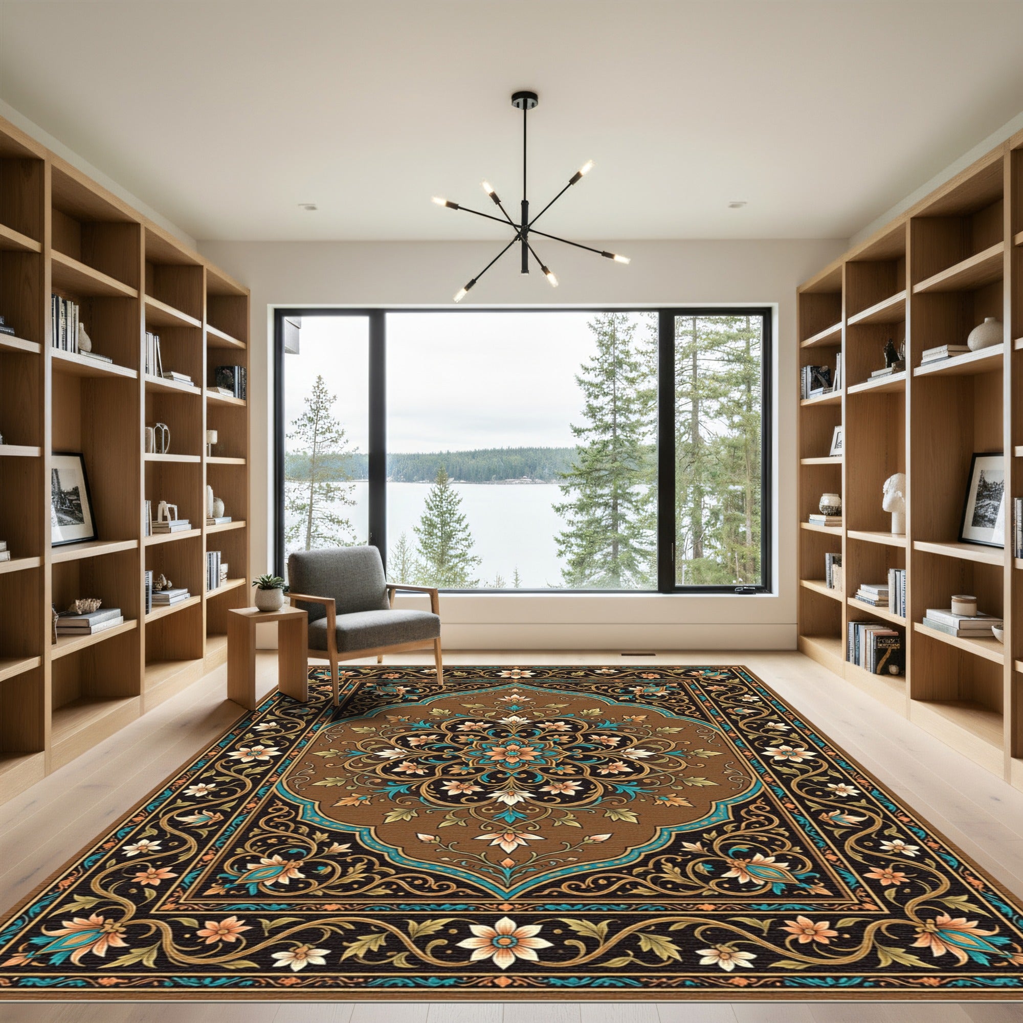Elegant Bronze Floral Medallion Scroll Rug