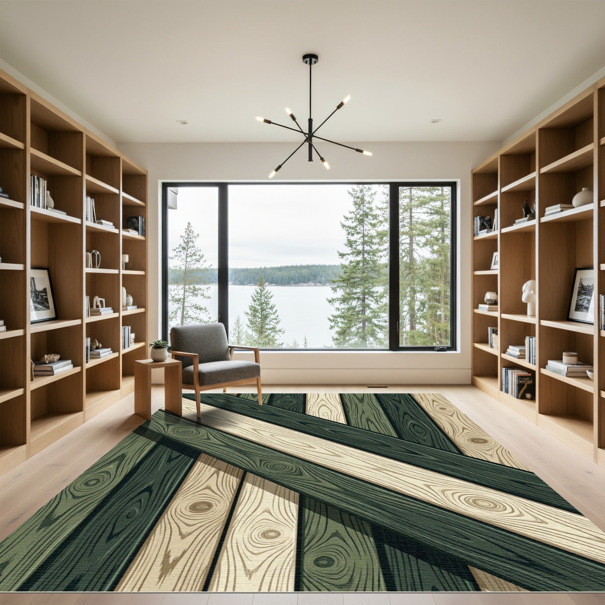Geometric Sage and Cream Wood Plank Rug