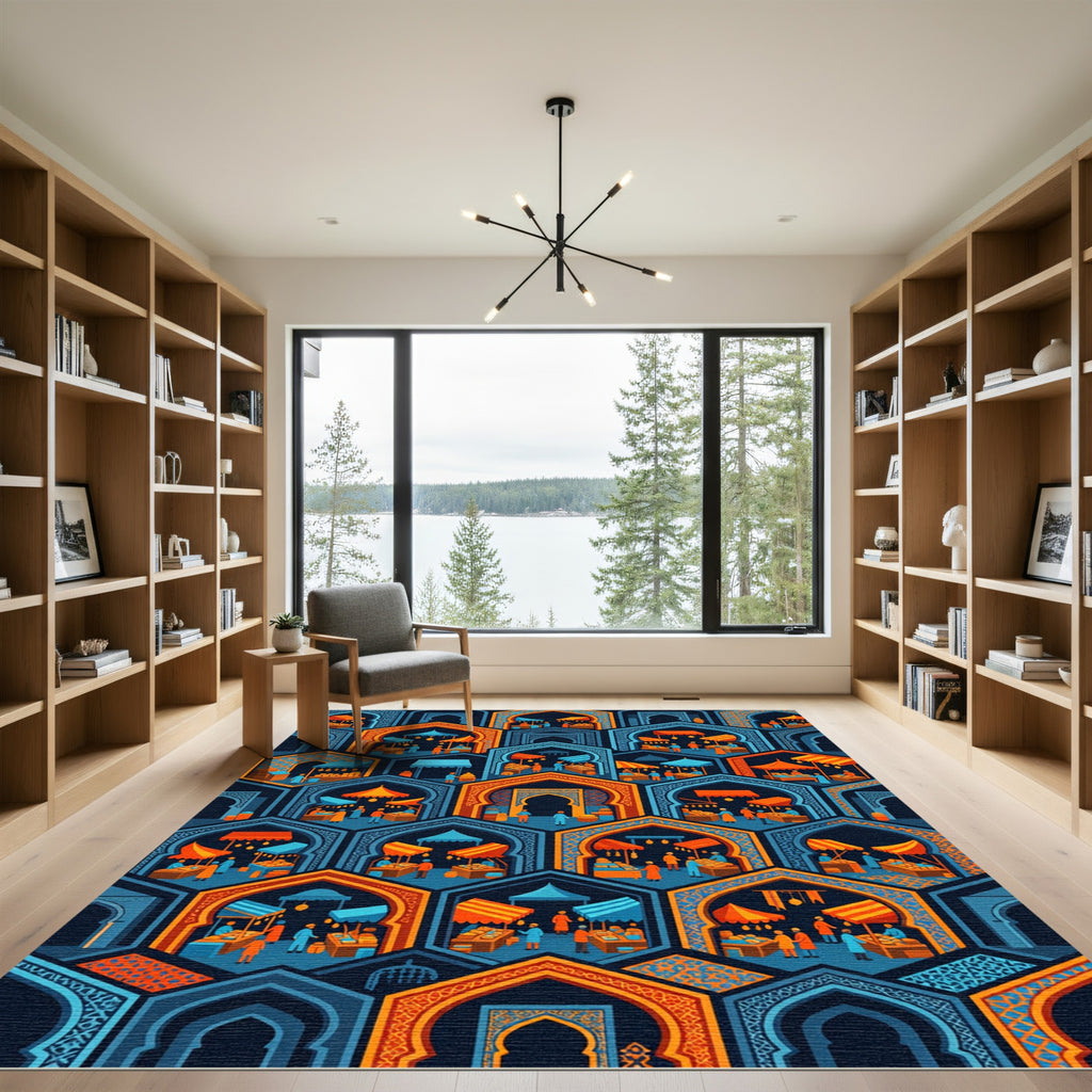 Vibrant Geometric Arch Orange Blue Mosaic Rug