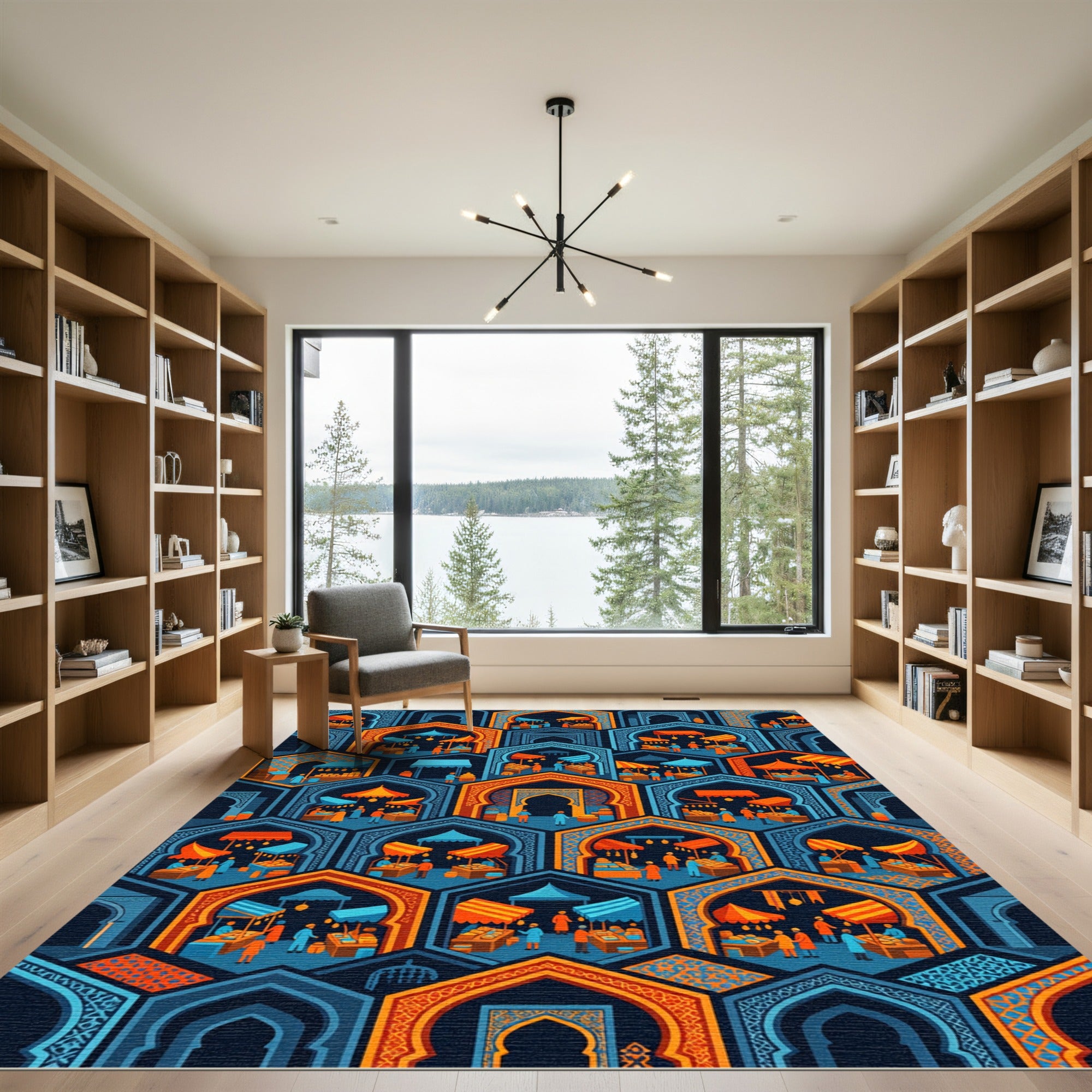 Vibrant Geometric Arch Orange Blue Mosaic Rug