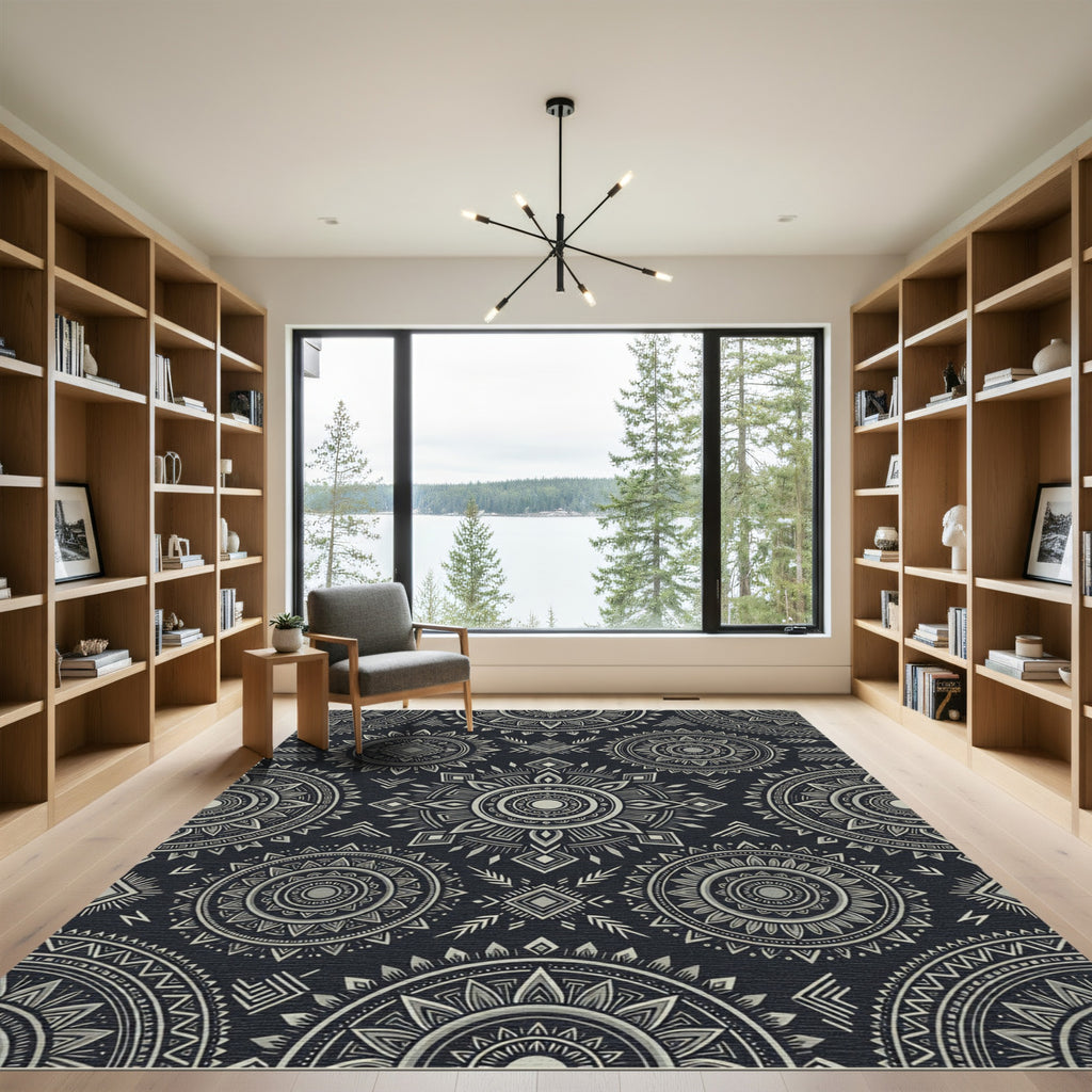 Monochromatic Dark Gray Tribal Mandala Rug