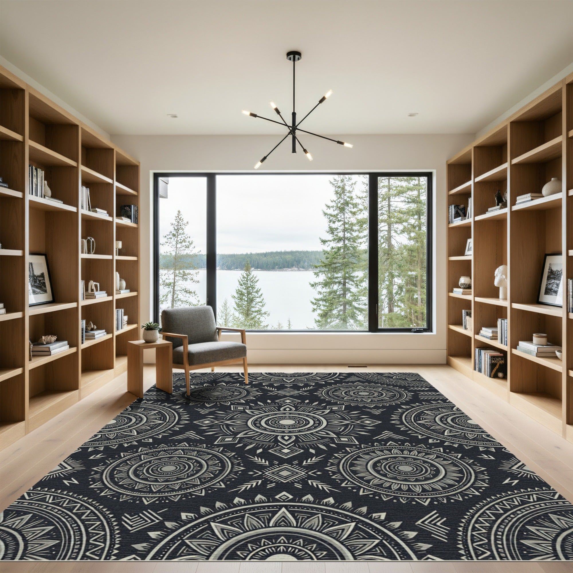 Monochromatic Dark Gray Tribal Mandala Rug