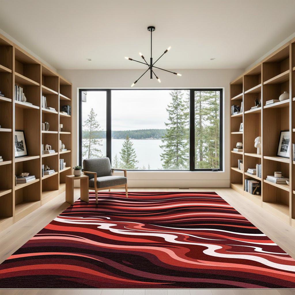Crimson Abstract Swirl Waves Rug
