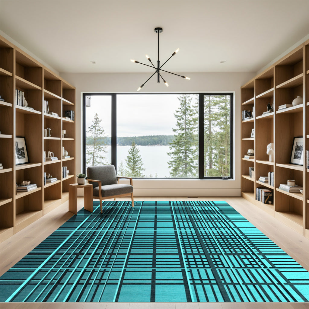 Modern Teal Grid Intersecting Lines Rug