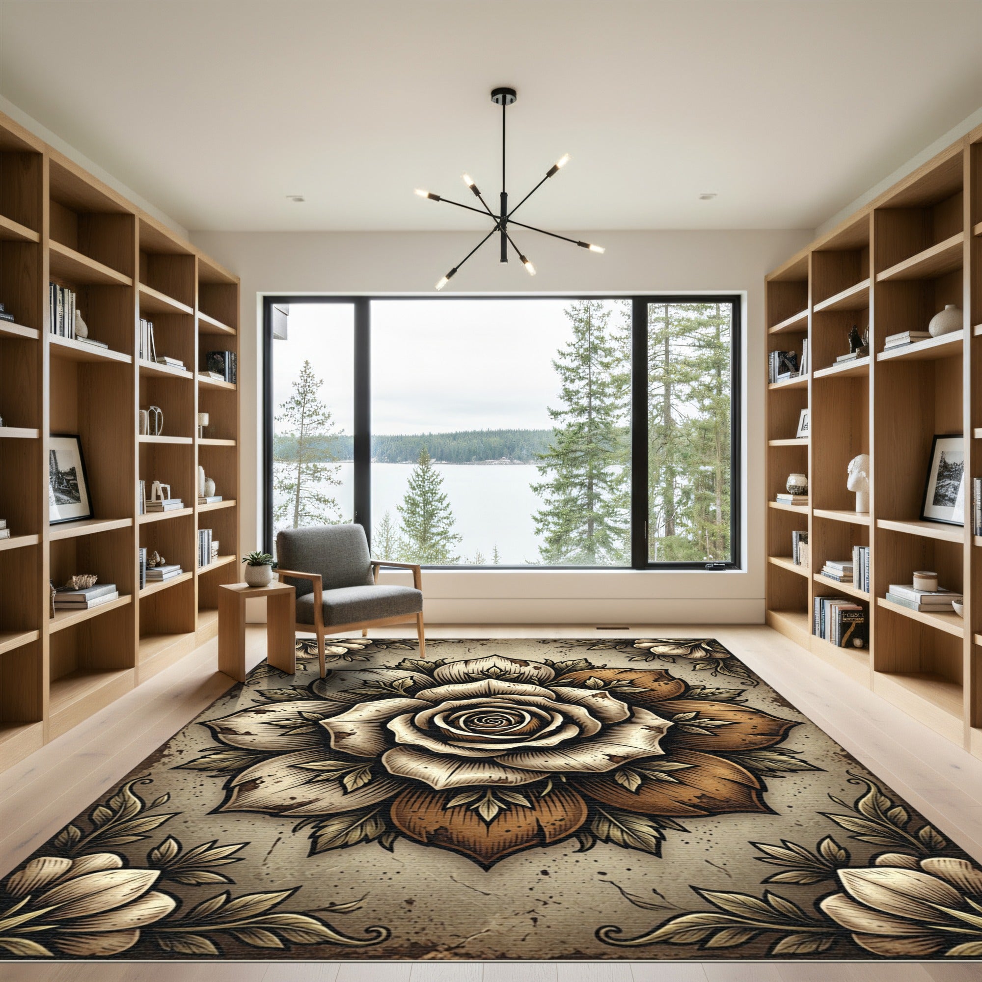 Earthy Sepia Rose Mandala Art Rug
