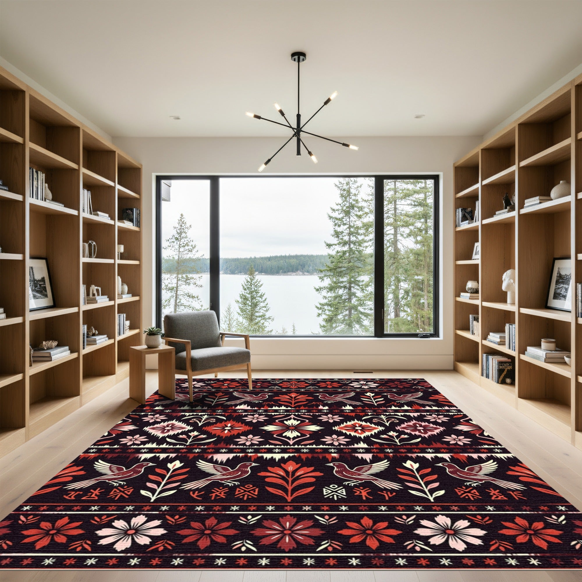 Deep Red Bird Floral Ikat Rug