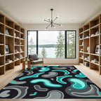 Abstract Teal and Gray Organic Swirls Rug