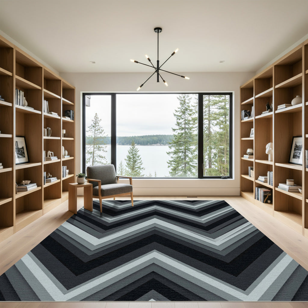 Monochrome Gray Geometric Chevron Wave Rug