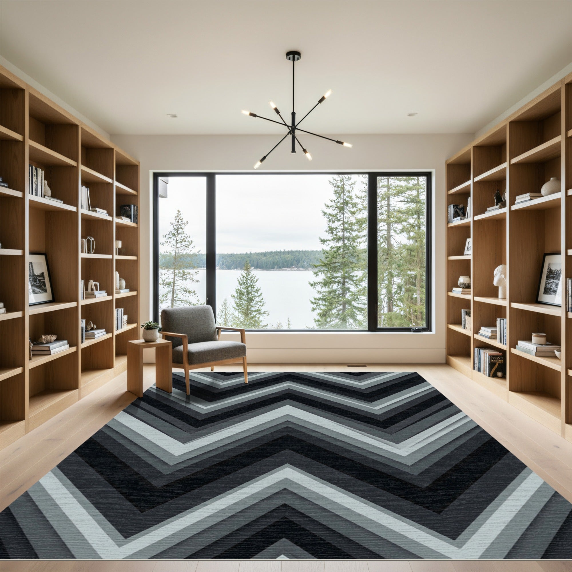 Monochrome Gray Geometric Chevron Wave Rug