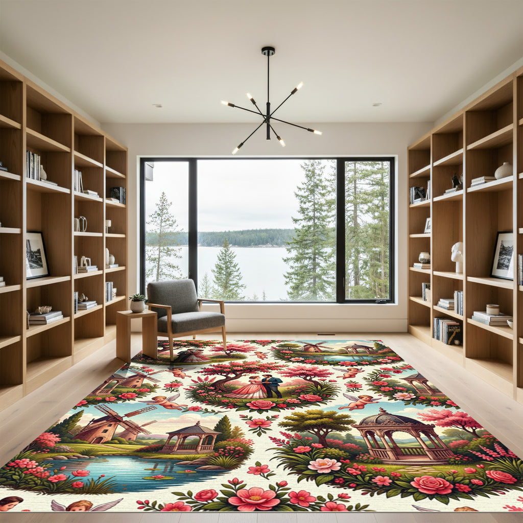 Romantic Couple Pink Floral Garden Scene Rug