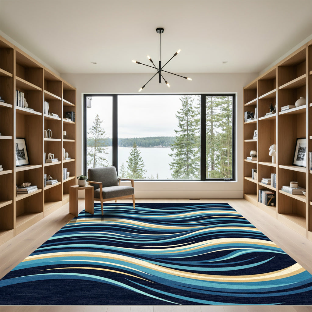 Abstract Navy and Golden Wave Fluid Rug