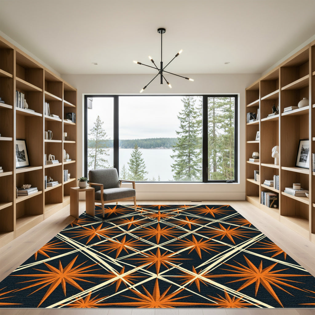 Bold Orange Starburst Geometric Overlay Rug
