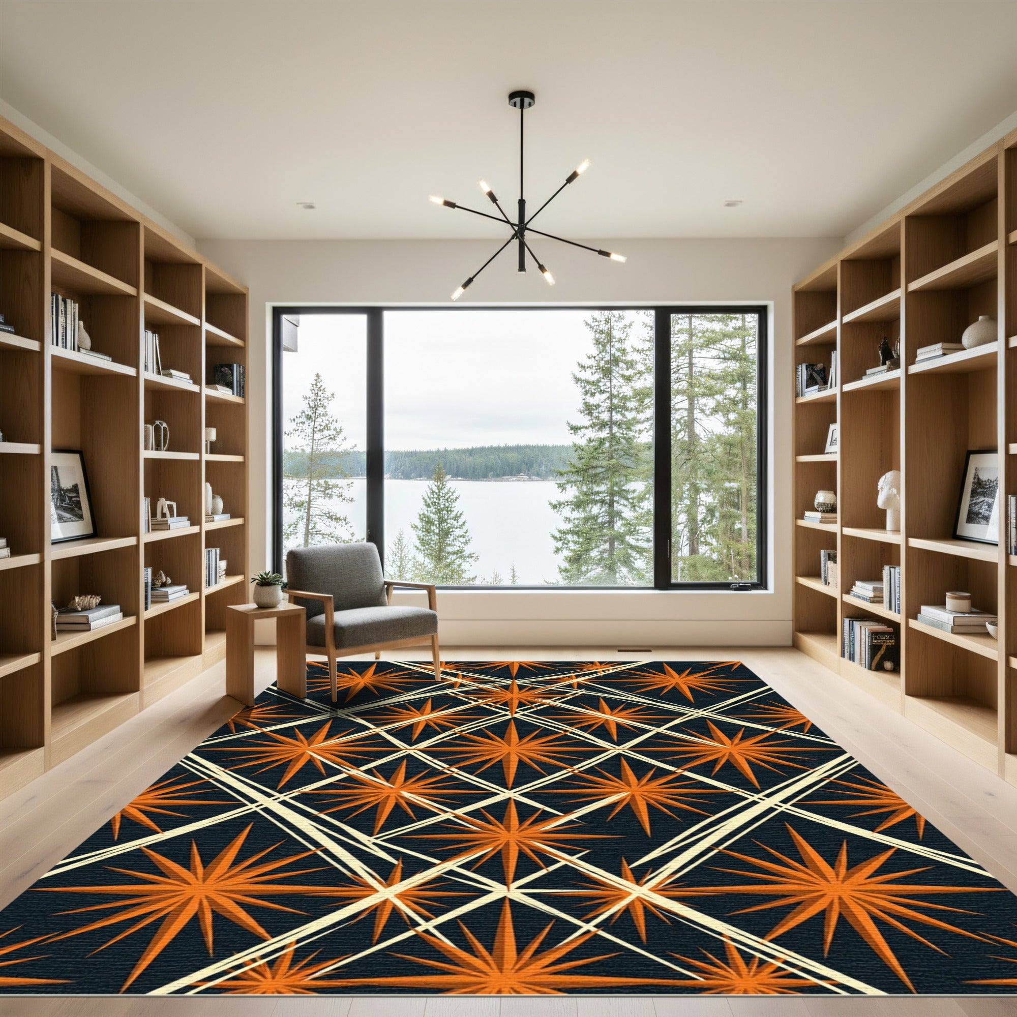 Bold Orange Starburst Geometric Overlay Rug