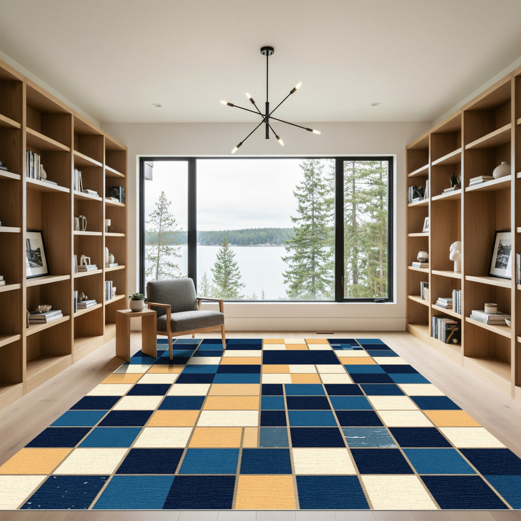 Modern Navy Cream and Ochre Grid Rug