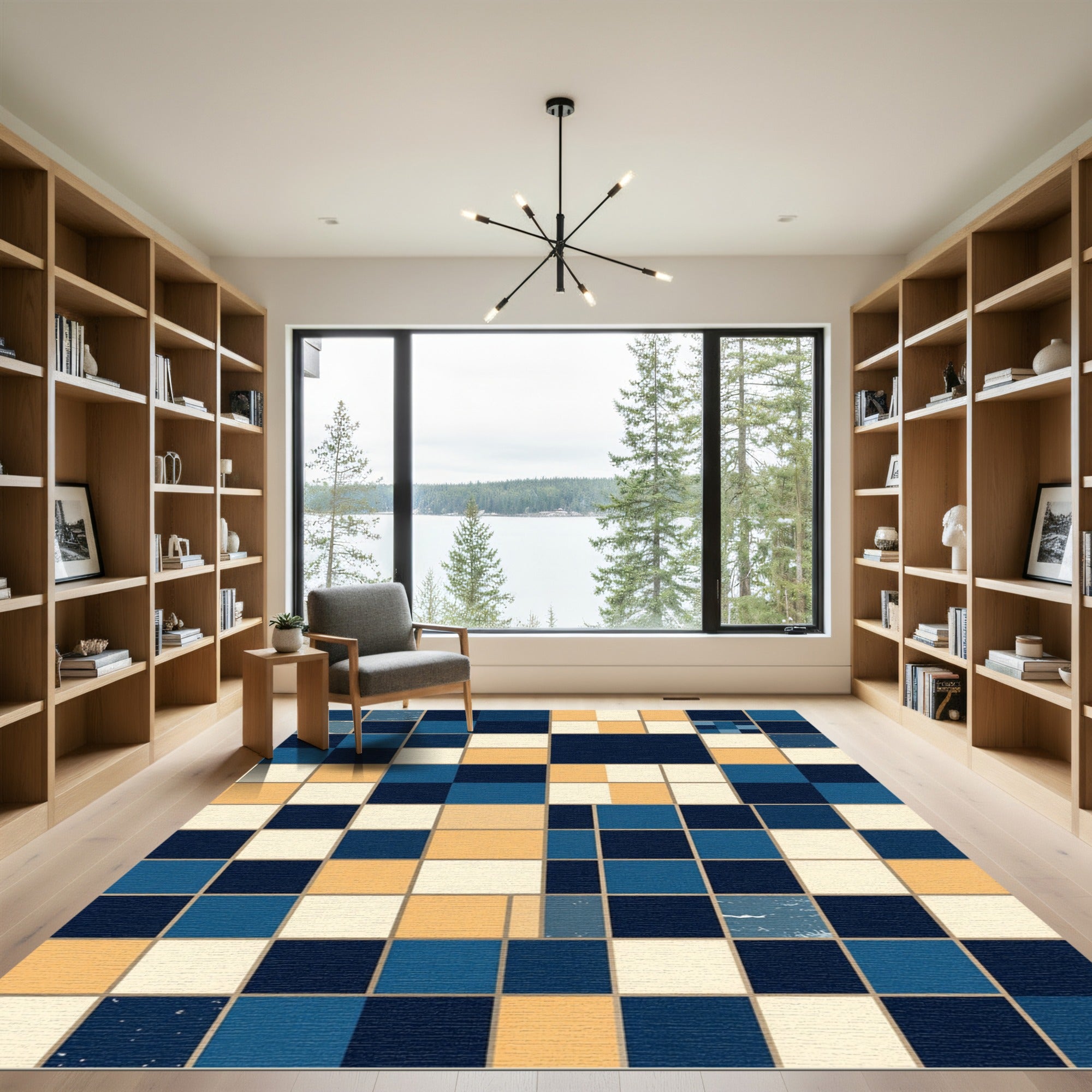 Modern Navy Cream and Ochre Grid Rug