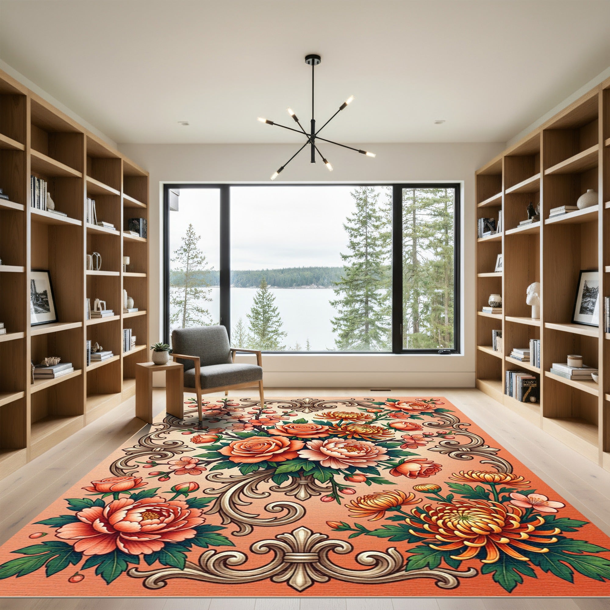 Elegant Coral Floral Baroque Bouquet Rug