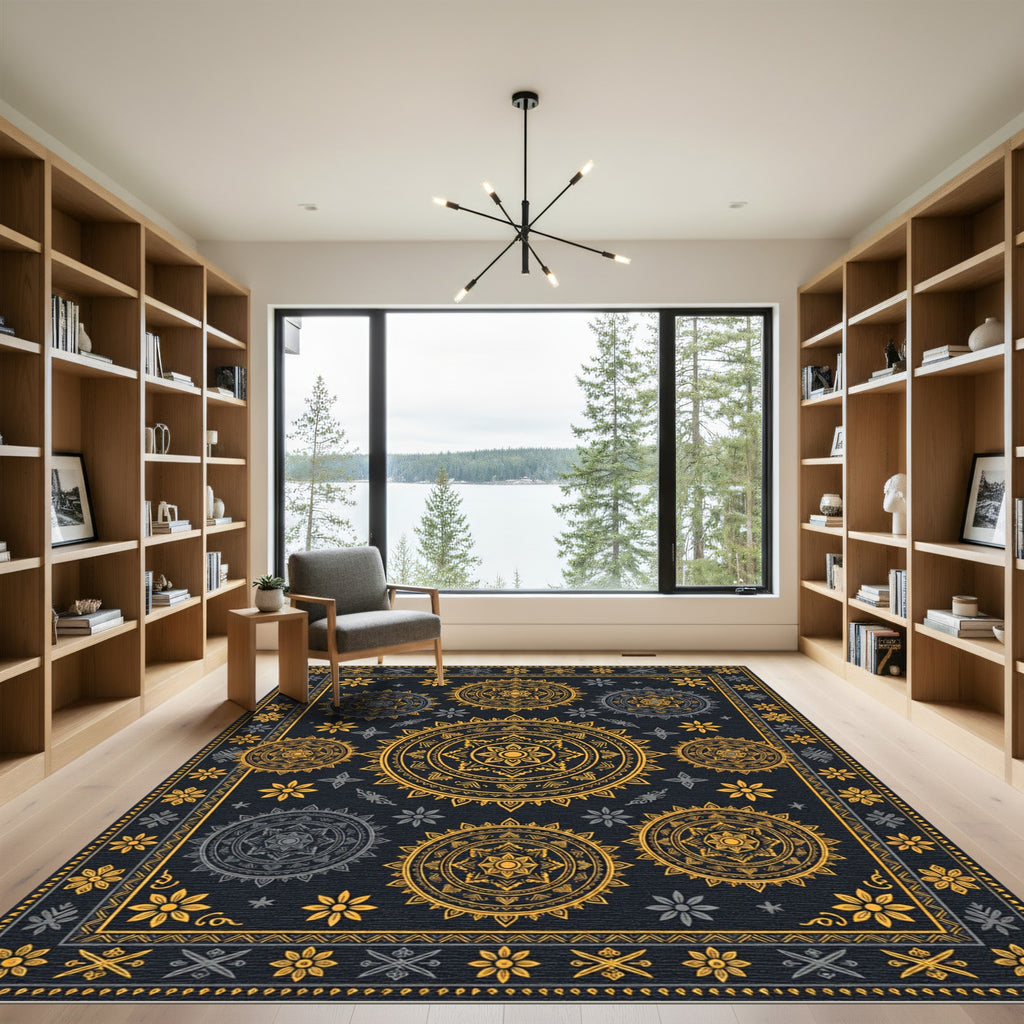 Gold and Charcoal Celestial Mandala Rug