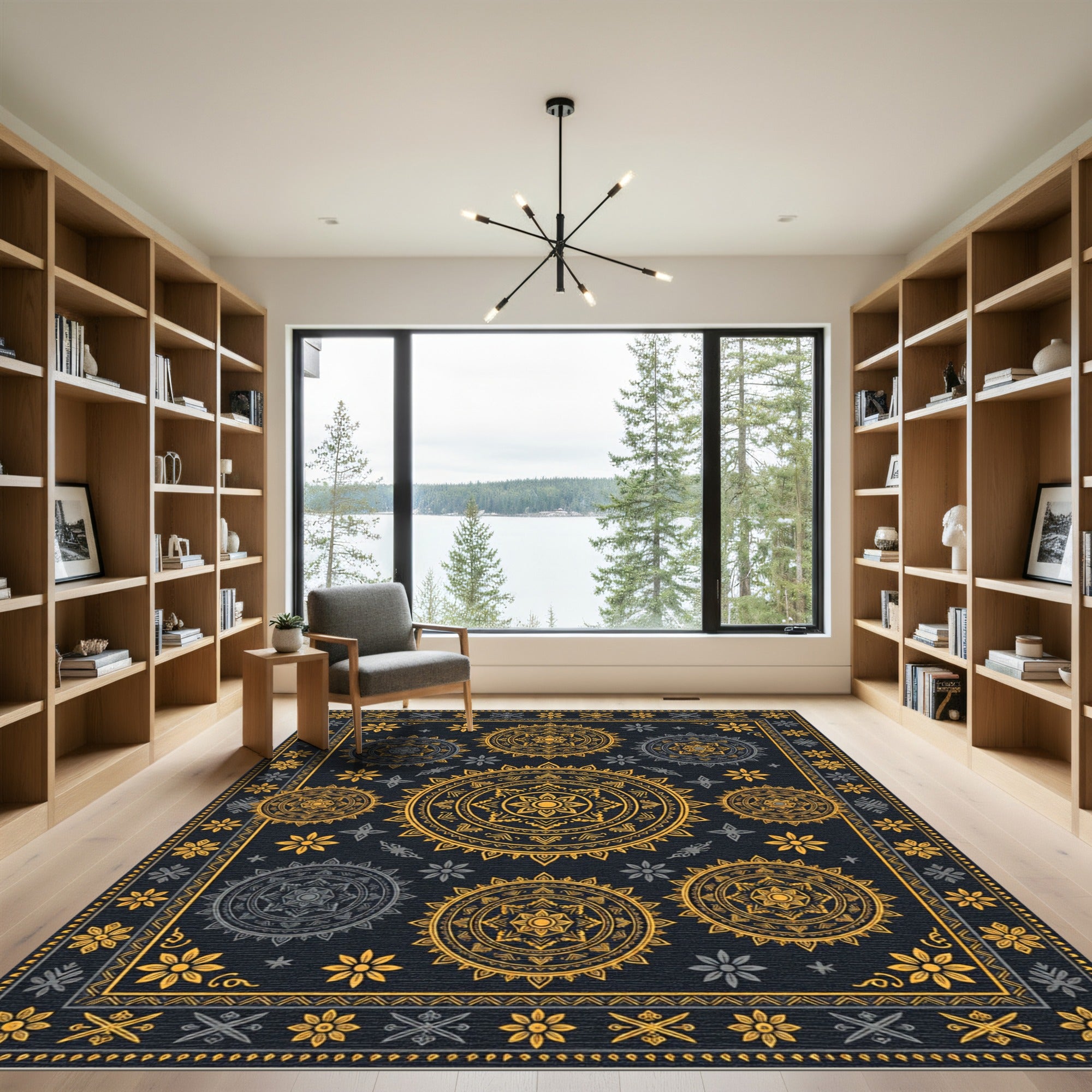Gold and Charcoal Celestial Mandala Rug