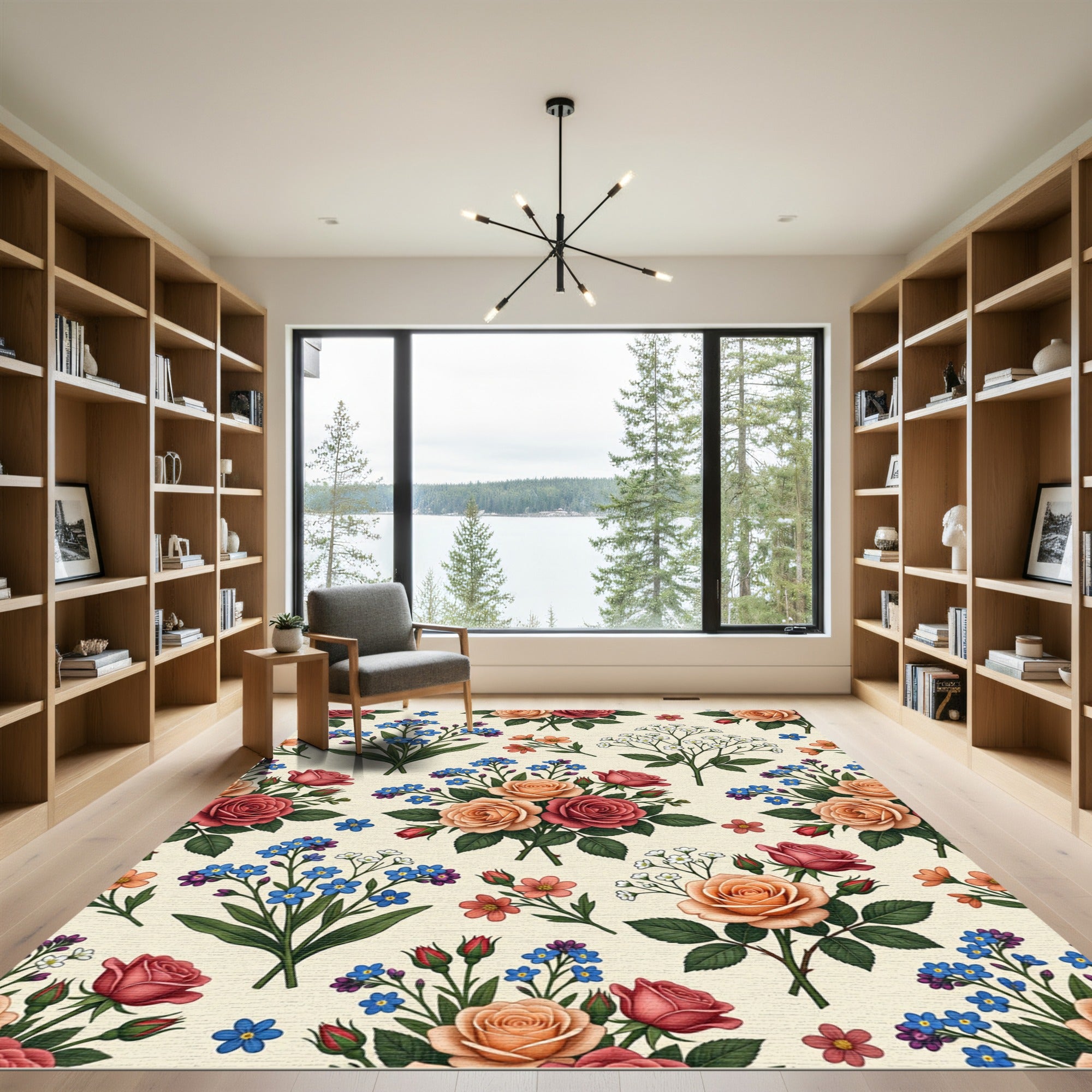 Coral and Rose Botanical Bouquet Arrangement Rug