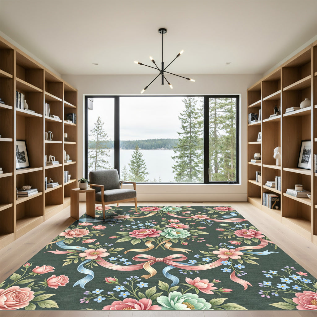 Vintage Romantic Floral Ribbon Dark Green Rug