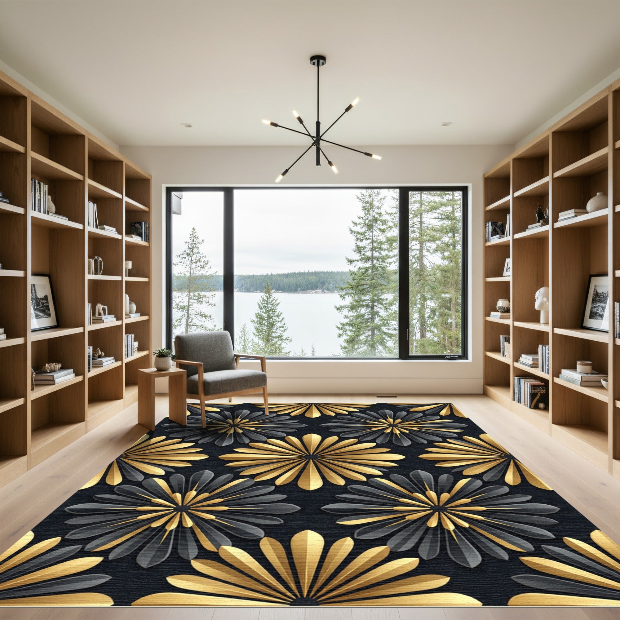 Black and Gold Art Deco Floral Rug