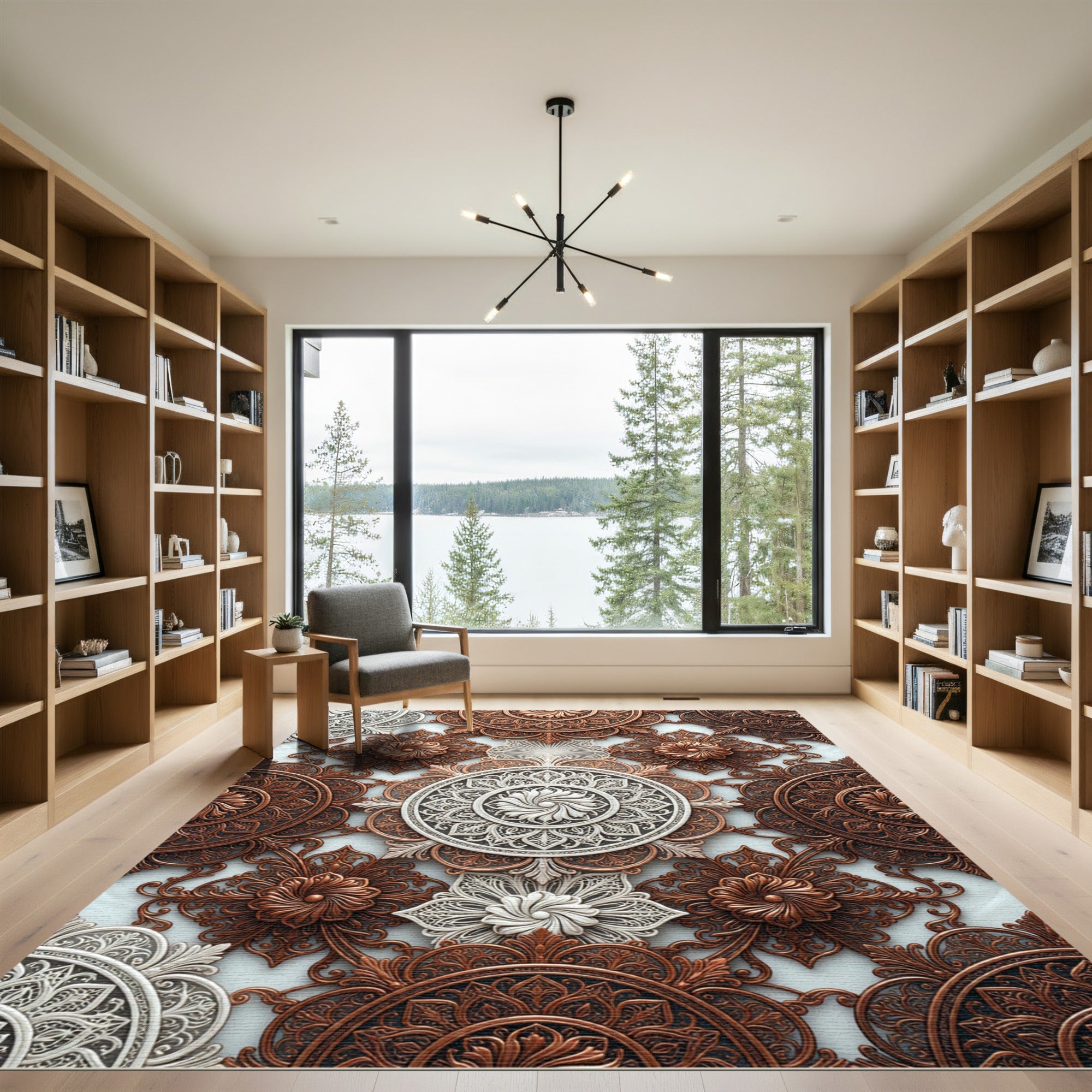 Ornate Copper White Floral Medallion Rug