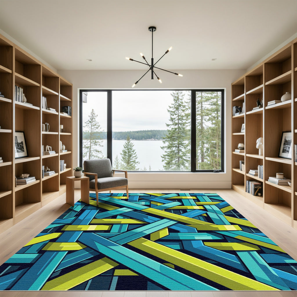 Interlocking Lime and Teal Geometric Weave Rug