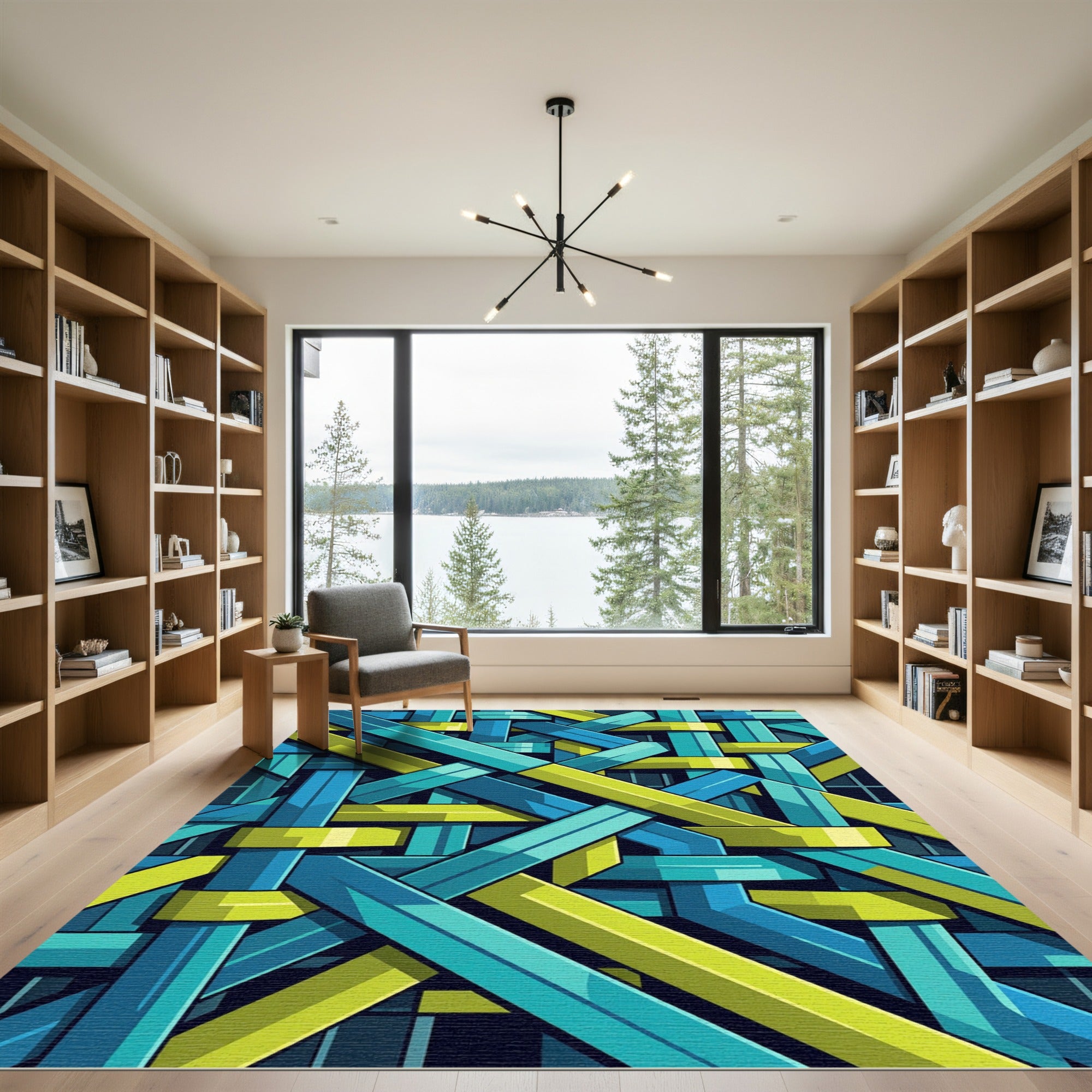 Interlocking Lime and Teal Geometric Weave Rug