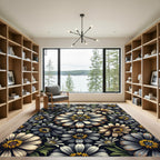 Monochromatic Floral Arrangement Black Canvas Rug