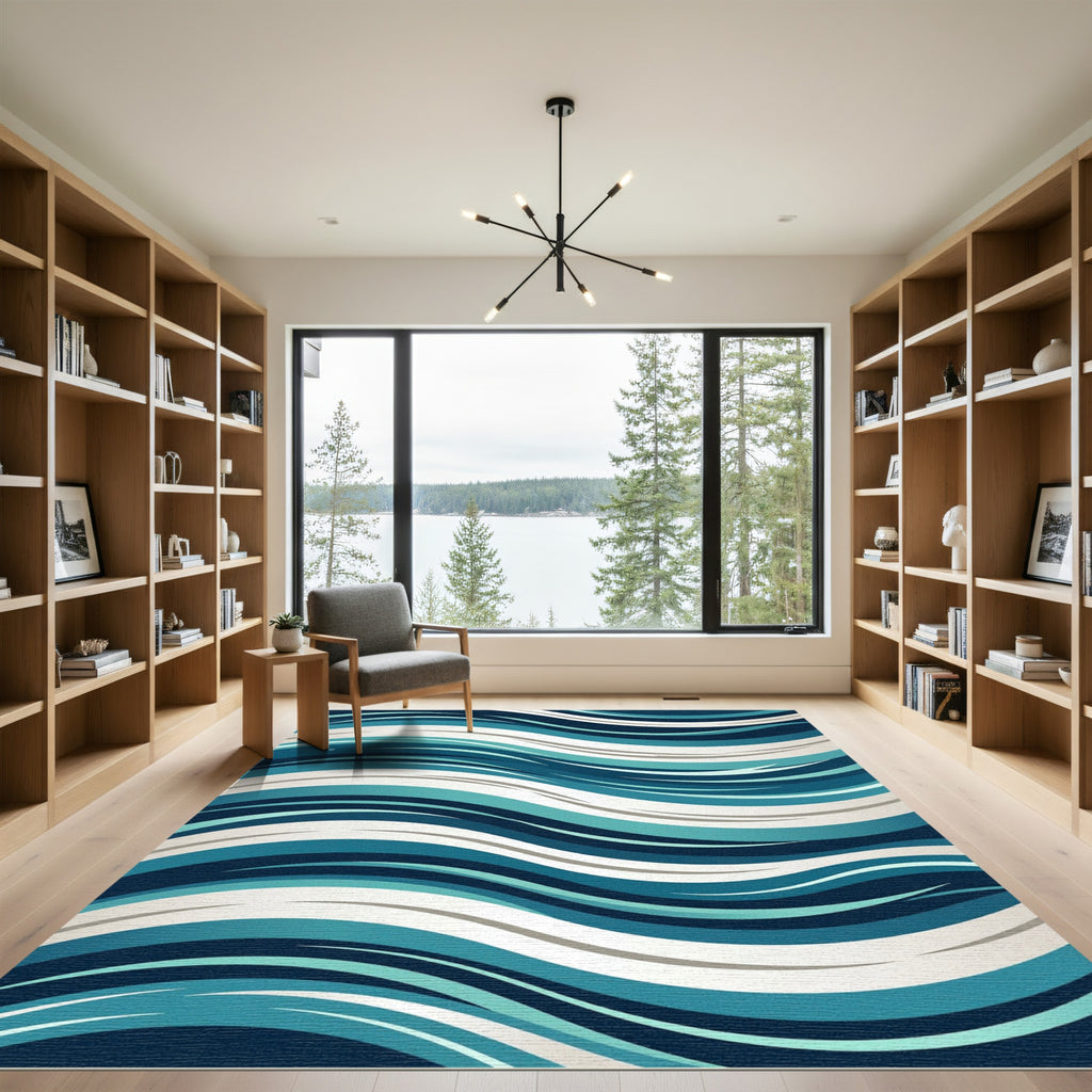 Deep Blue Teal Wave Composition Rug