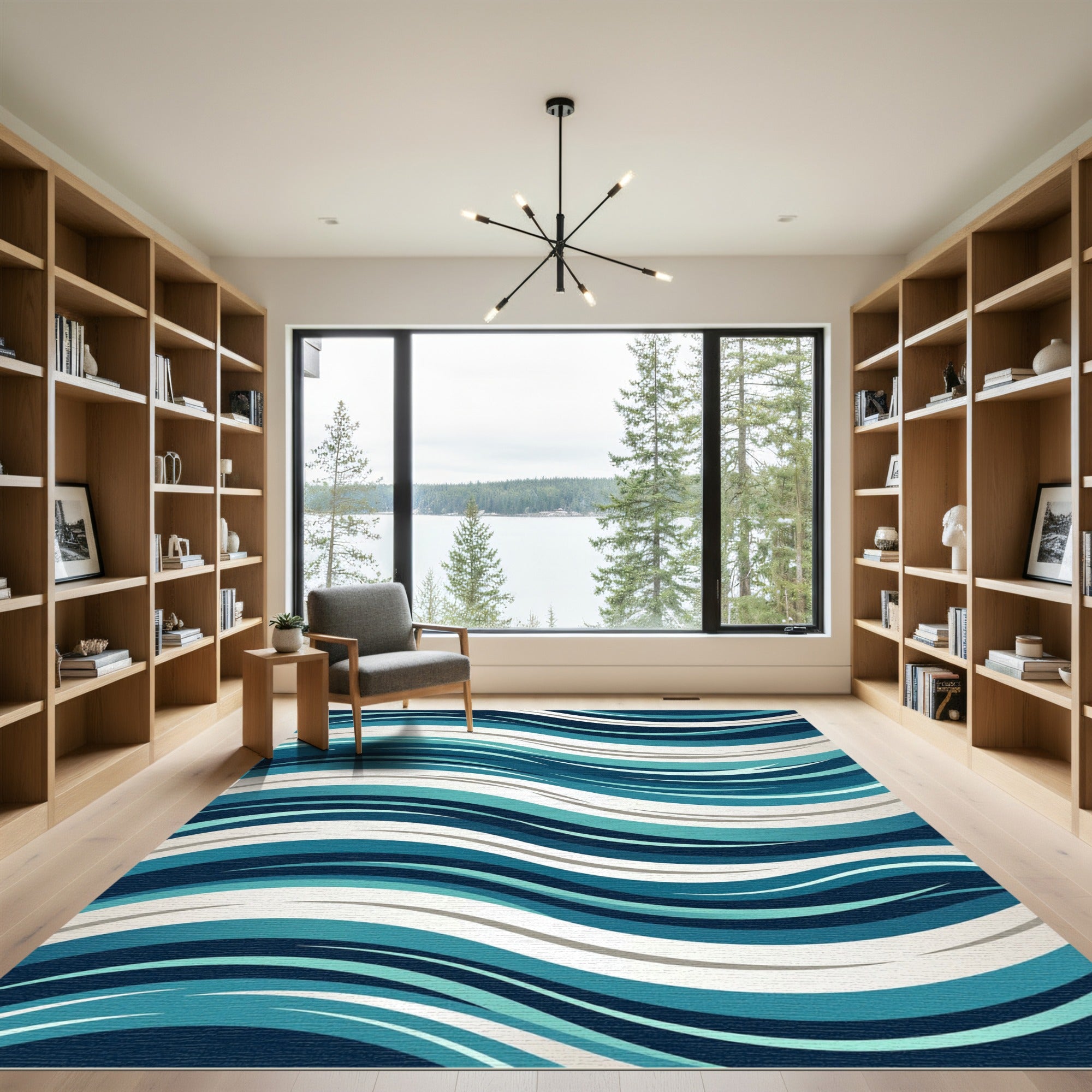 Deep Blue Teal Wave Composition Rug