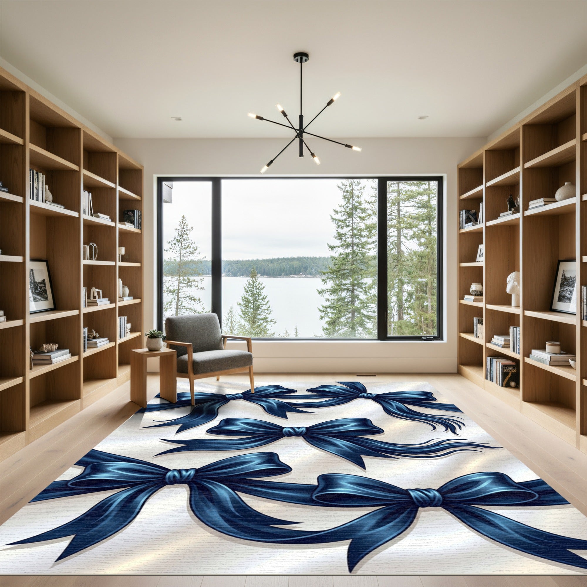 Elegant Navy Blue Silk Ribbon Bows Rug
