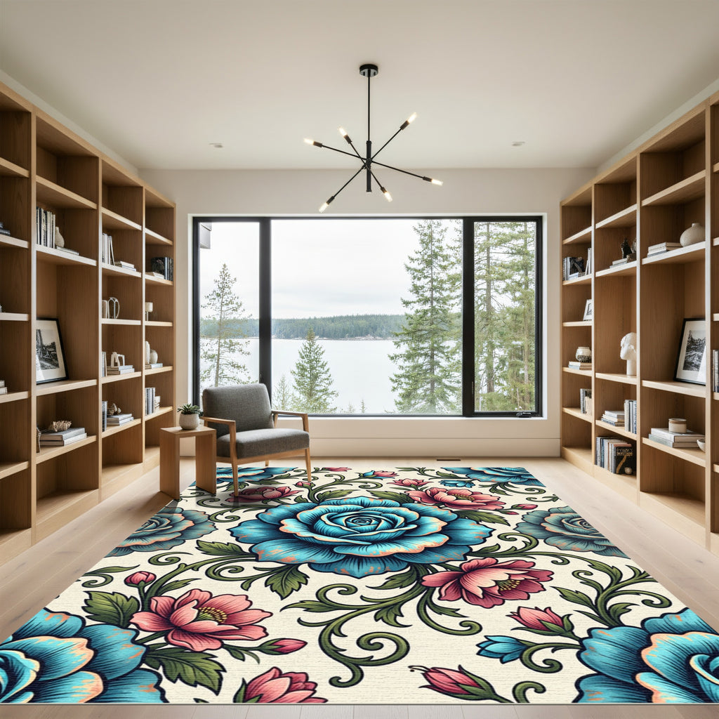 Blue and Pink Vintage Floral Bloom Rug