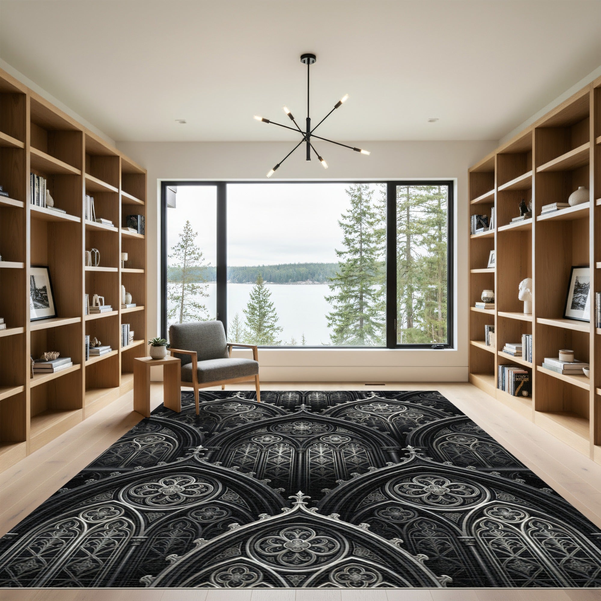 Monochrome Gothic Arched Cathedral Filigree Rug
