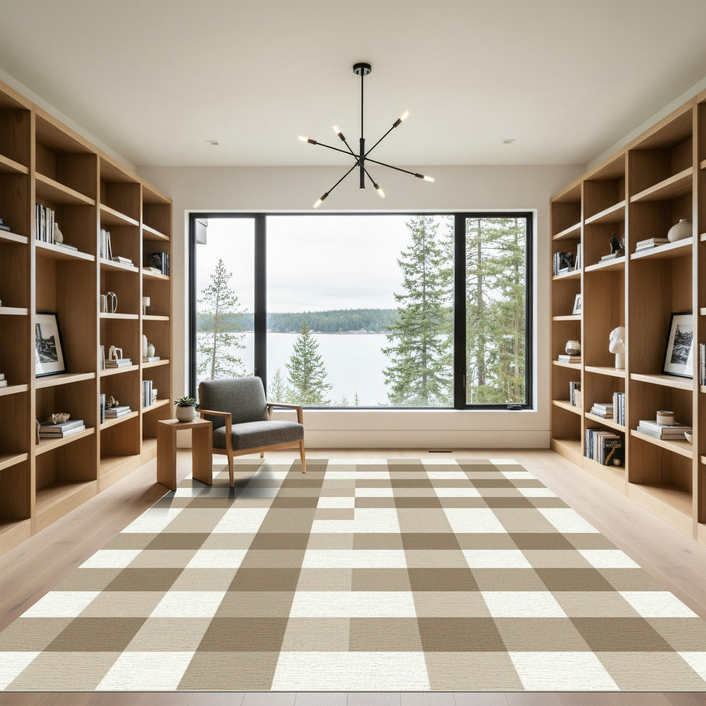 Simple Tan White Gingham Checkered Rug
