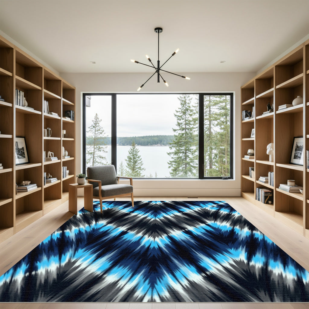 Electric Blue Grey Chevron Ikat Rug