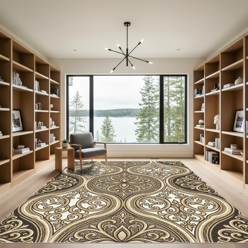 Elegant Gold Damask Scroll Ornament Rug